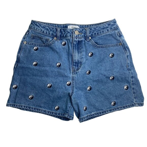 Forever 21 Womens 100% Cotton High Rise Ying Yang Denim Jean Shorts Size Small - Picture 1 of 7